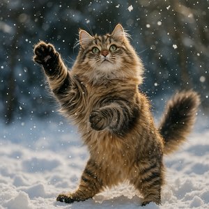 Siberian Cat Pouncing Through Snow