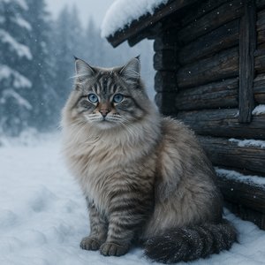 Siberian Serenity: Blue‑Eyed Cat by a Snowy Cabin
