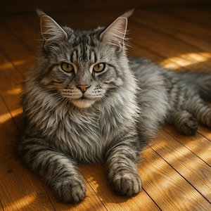 Silver Maine Coon in Sunlit Floorboards