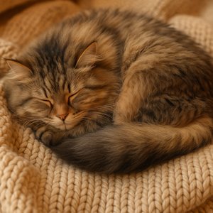 Sleeping Siberian Cat on Knitted Blanket