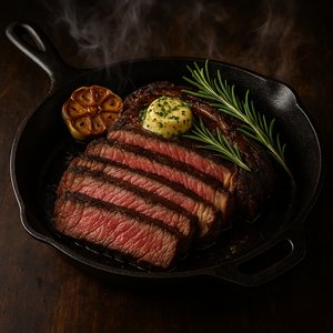 Sliced Wagyu Ribeye with Garlic Herb Butter in Cast Iron