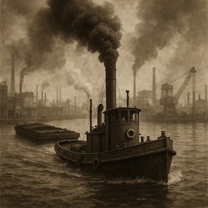Smoke on the Water: Tug and Barge, Industrial Harbor (Vintage Tonal)