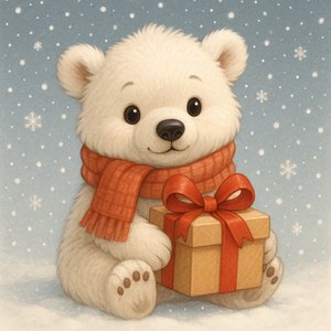 Snowy Gift — Polar Bear Cub with Present