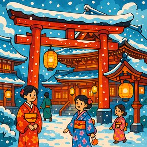 ลานบ้านเกียวโตในหิมะ — โคมไฟอุ่น ๆ กับการเดินเล่นในกิโมโน (งานศิลป์จิ๊กซอว์แบบการ์ตูน)