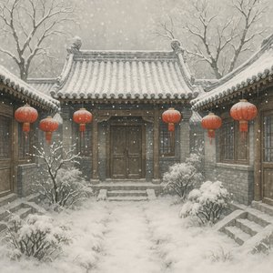 Snowy Siheyuan with Red Lanterns