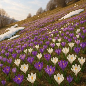 Spring Carpet: Purple & White Crocuses on a Sunlit Hillside