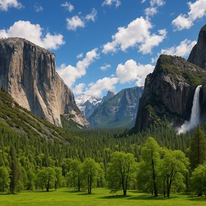 Spring in Yosemite Valley — Snowmelt Waterfalls and Verdant Meadow