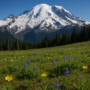 Spring Meadow Below Snow-Capped Mount Rainier