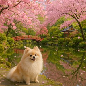 Spring Serenity: Pomeranian in a Cherry Blossom Garden