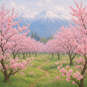 Springtime Cherry Orchard with Snow-Capped Peaks