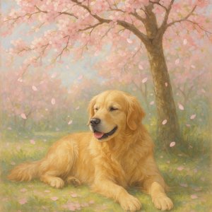 Springtime Serenity: Golden Retriever Under Cherry Blossoms