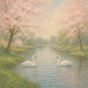 Springtime Swans on a Blossom-Lined River
