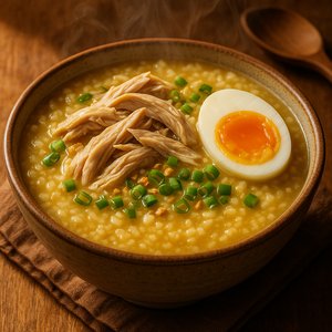 Steaming Arroz Caldo: Ginger Chicken Rice Porridge with Soft‑Boiled Egg