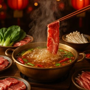 Steaming Chinese Hot Pot — Bubbling Broth and Thinly Sliced Beef