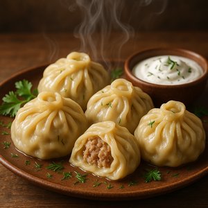 Steaming Manty Dumplings with Sour Cream and Herbs