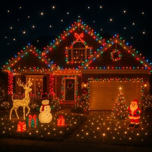 Suburban Home Dressed in Spectacular Christmas Lights at Night