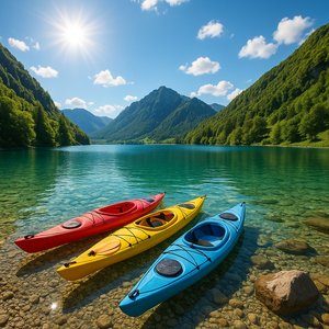 Summer Alpine Lake with Colorful Kayaks