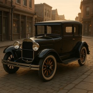 Sunlit 1920s Coupe on Cobblestone Main Street