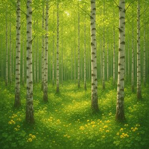 Sunlit Birch Grove with Yellow Wildflowers