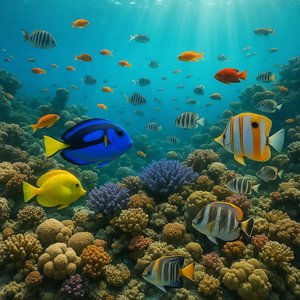 Sunlit Coral Garden with Tropical Reef Fish