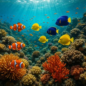 Sunlit Coral Reef with Clownfish, Yellow Tangs and Blue Angelfish