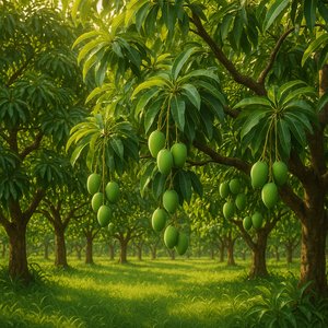 Sunlit Mango Grove with Young Fruit