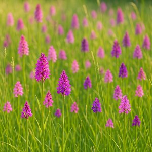 Sunlit Meadow of Pink & Purple Wild Orchids