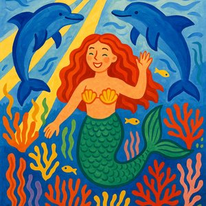 Sunlit Mermaid and Dolphins