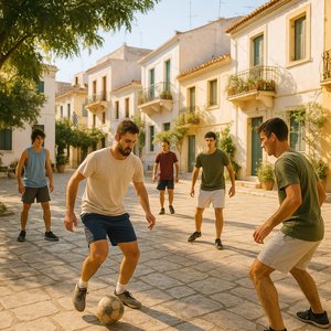 Sunlit Street Football in a Greek Square