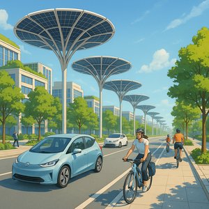 Sunlit Sustainable Avenue — Solar Trees & Active Transit
