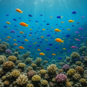Sunlit Tropical Reef with Colorful School of Damselfish