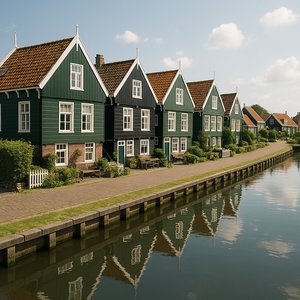 Sunlit Wooden Houses Along Marken Canal