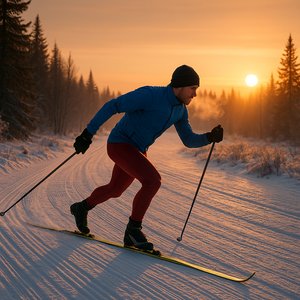 Sunrise Skate: Solo Cross-Country Skier on Empty Trail
