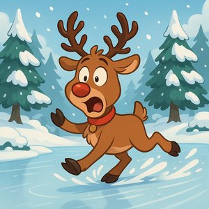 Surprised Reindeer Slipping on Ice