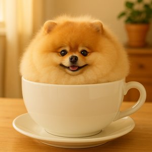 Teacup Teddy: Fluffy Pomeranian in an Oversized Cup