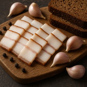 Thinly Sliced Salo with Garlic and Black Bread