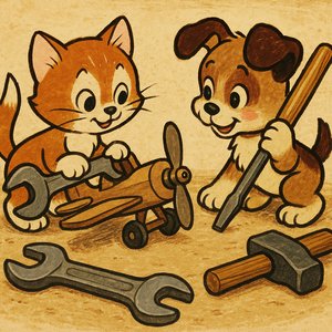 Tiny Mechanics: Kitten & Puppy Fixing a Toy Plane