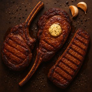 Top-View Premium Steak Assortment with Garlic Butter