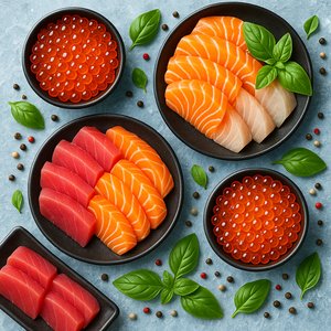 Top‑View Japanese Sashimi Feast — Salmon, Tuna & Ikura
