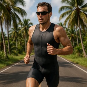 Triathlete Sprinting Through Tropical Palms