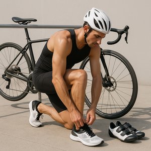 Triathlon Transition: Athlete Preparing at Bike Rack