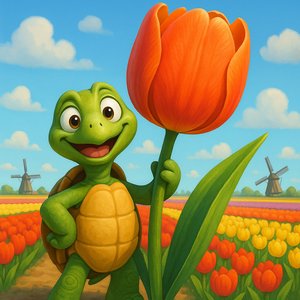 Tulip Time: Cheerful Turtle in the Dutch Fields