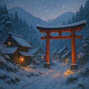 Twilight at the Snow-Covered Torii