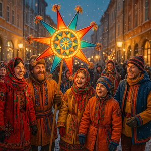 Ukrainian Christmas Star Parade — Joyful Winter Carolers with Glowing Star