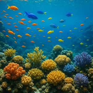 Vibrant Coral Reef with Schools of Colorful Reef Fish