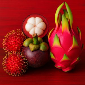 Vibrant Exotic Fruit Trio — Rambutan, Mangosteen & Dragon Fruit