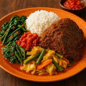 Vivid Nasi Padang Platter with Beef Rendang and Sambal
