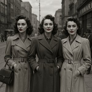 Wartime Elegance: Three Women in Trench Coats, 1940s Street