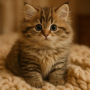 Wide-Eyed Siberian Kitten on Wool Blanket