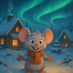 Winter Welcome: Cheerful Mouse Under the Northern Lights